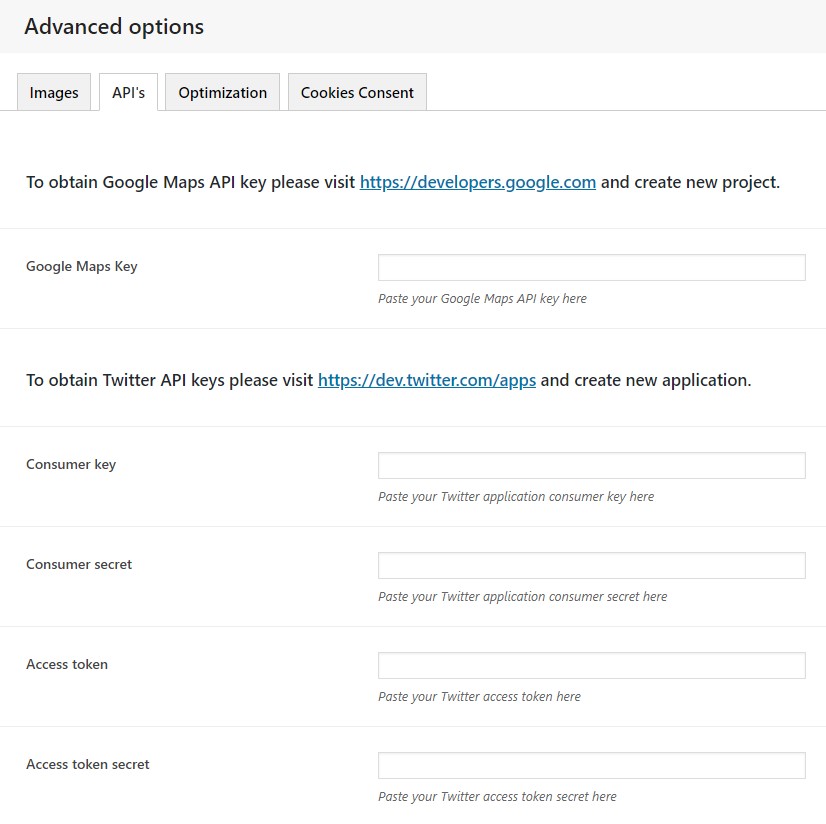 Creatus WordPress Theme Advanced API's options