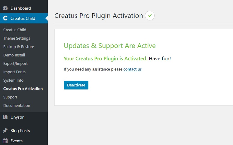 Creatus Pro Plugin Activated
