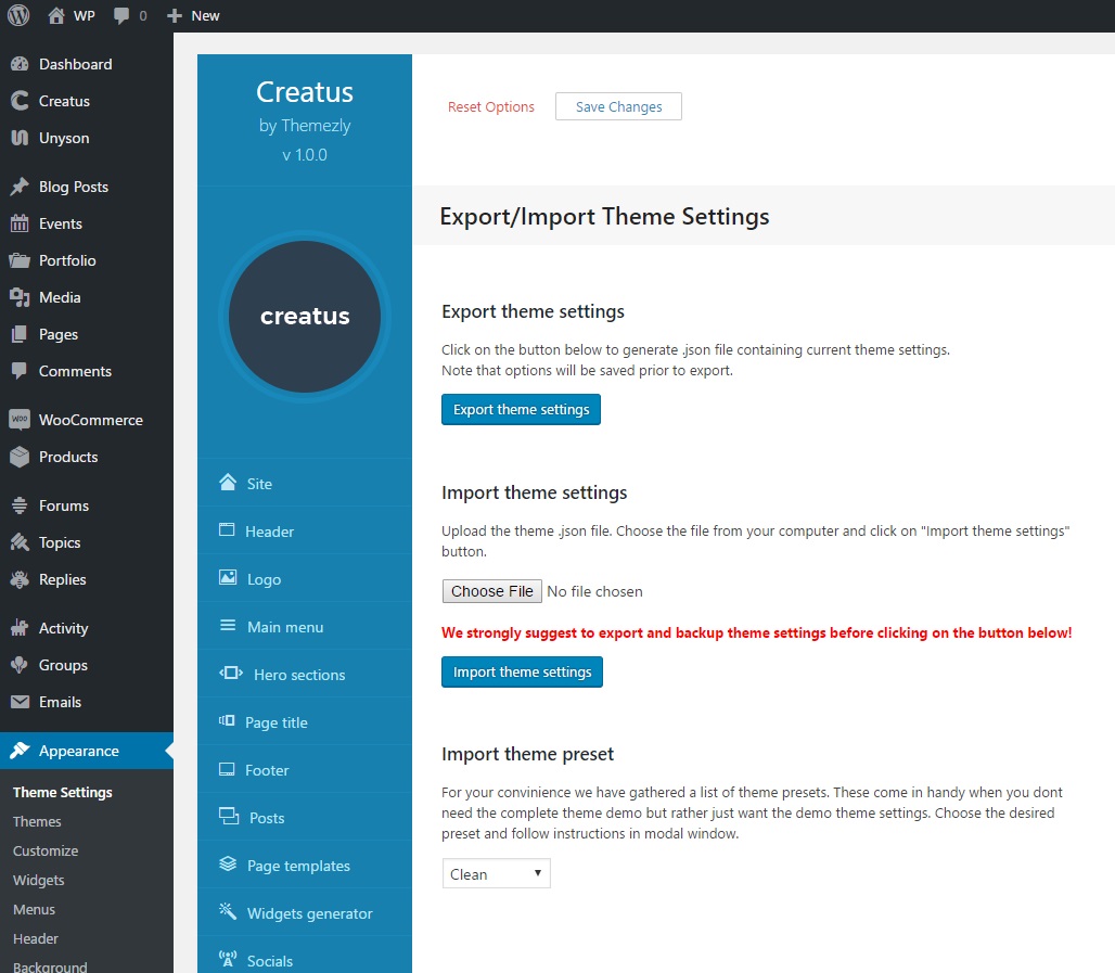 Creatus WordPress Theme Export/import options